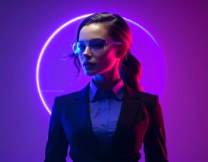 Firefly Give me a photos of 6 different women in buissness suits with a purple backround. she must (1)