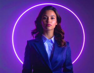 Firefly Give me a photos of 6 different women in buissness suits with a purple backround. she must (2)