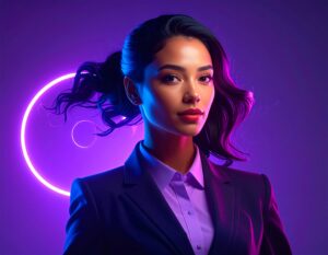 Firefly Give me a photos of 6 different women in buissness suits with a purple backround. she must (3)