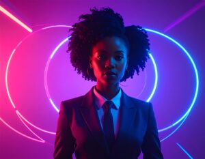 Firefly Give me a photos of 6 different women in buissness suits with a purple backround. she must